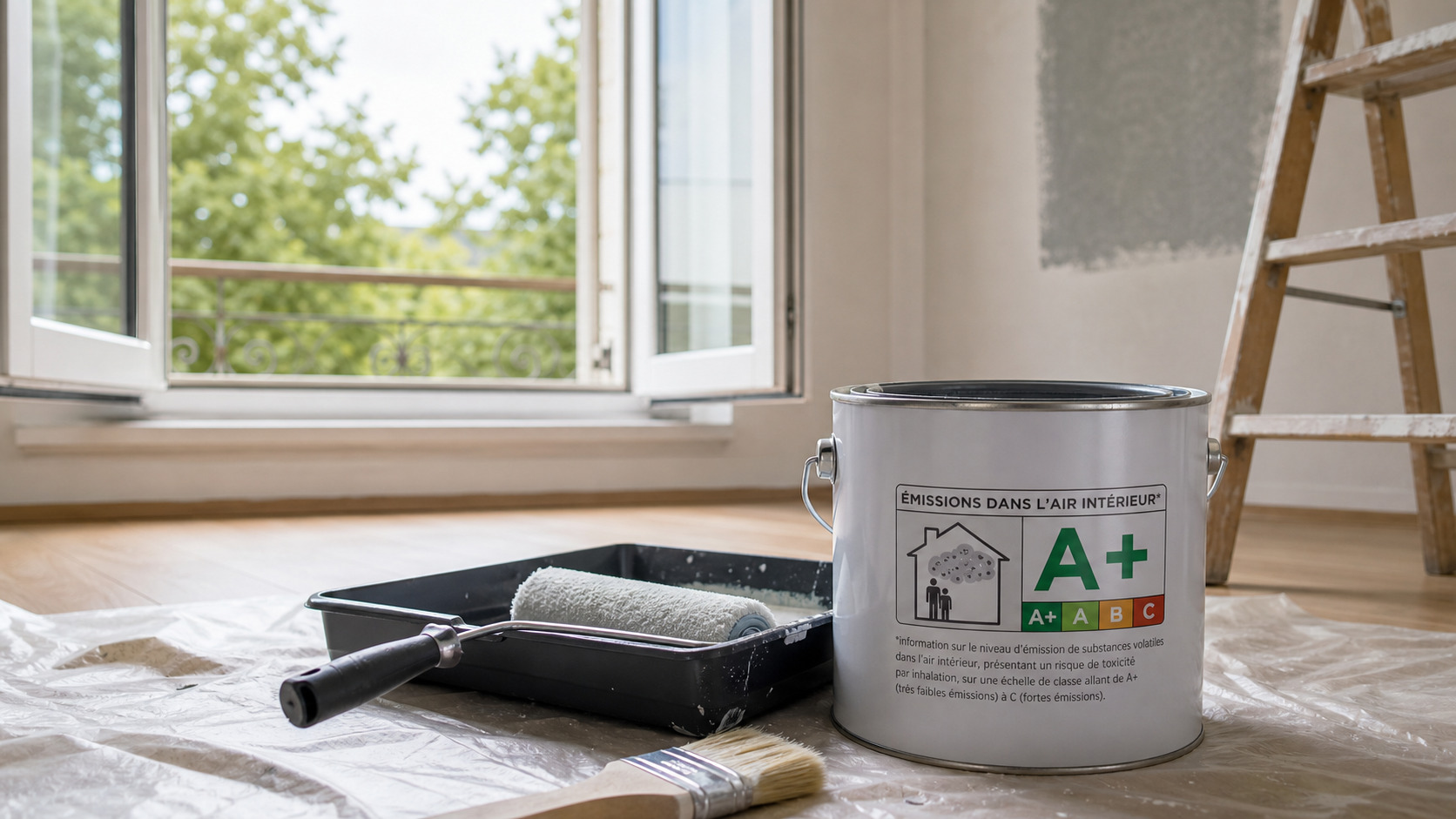 Pot de peinture avec étiquette émissions A+ et fenêtre ouverte