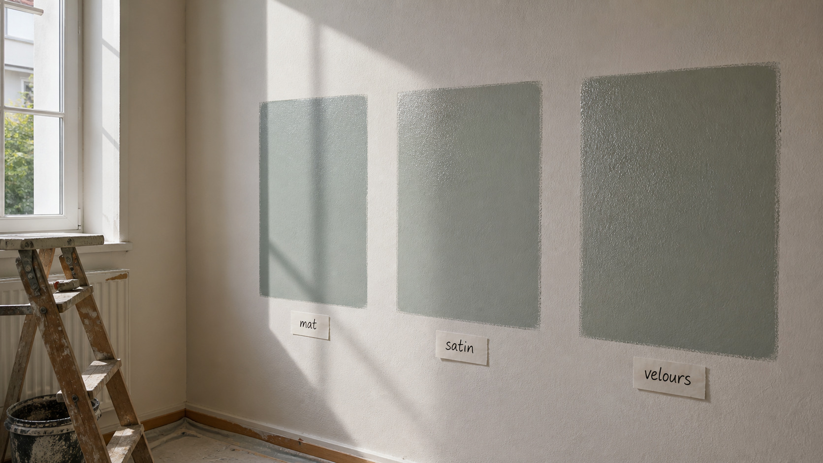 Échantillons de peinture mate, satinée et velours comparés sur un mur