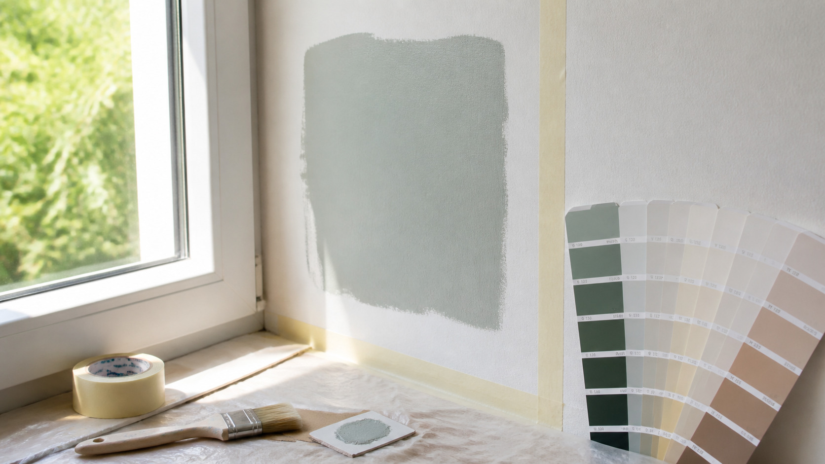Échantillon de peinture appliqué au mur avec nuancier et lumière naturelle