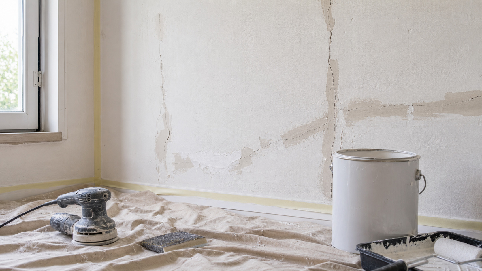 Mur fissuré préparé avec enduit, ponceuse, bâche et sous-couche