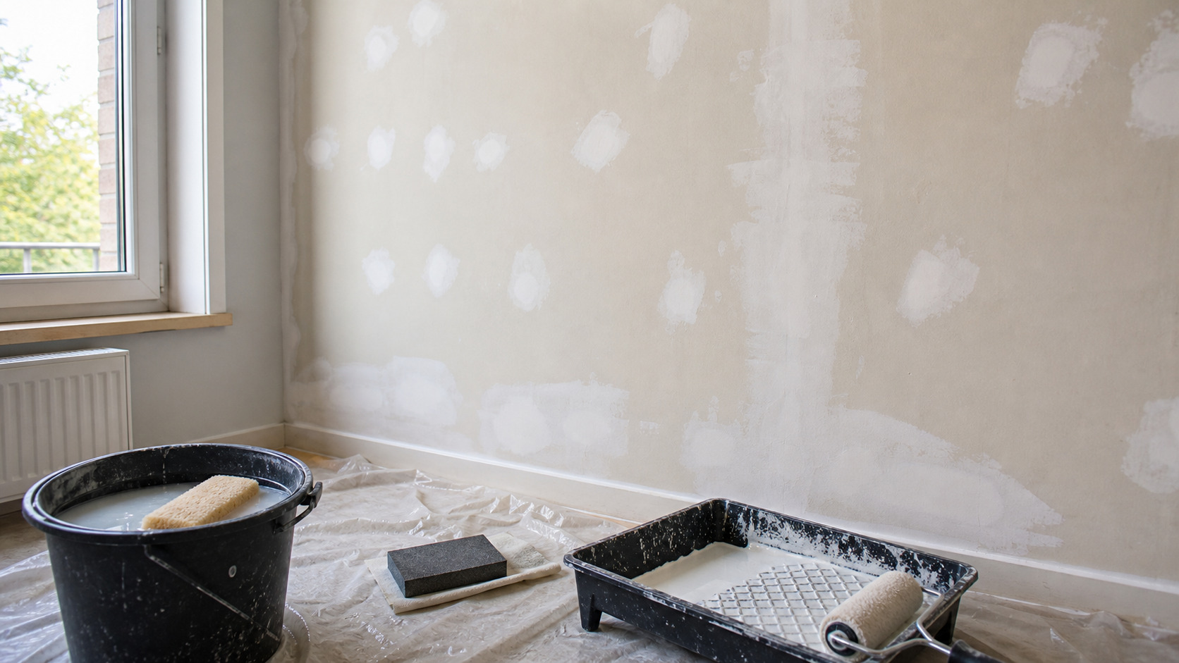Mur lessivé et rebouché avant ponçage et application d'une sous-couche